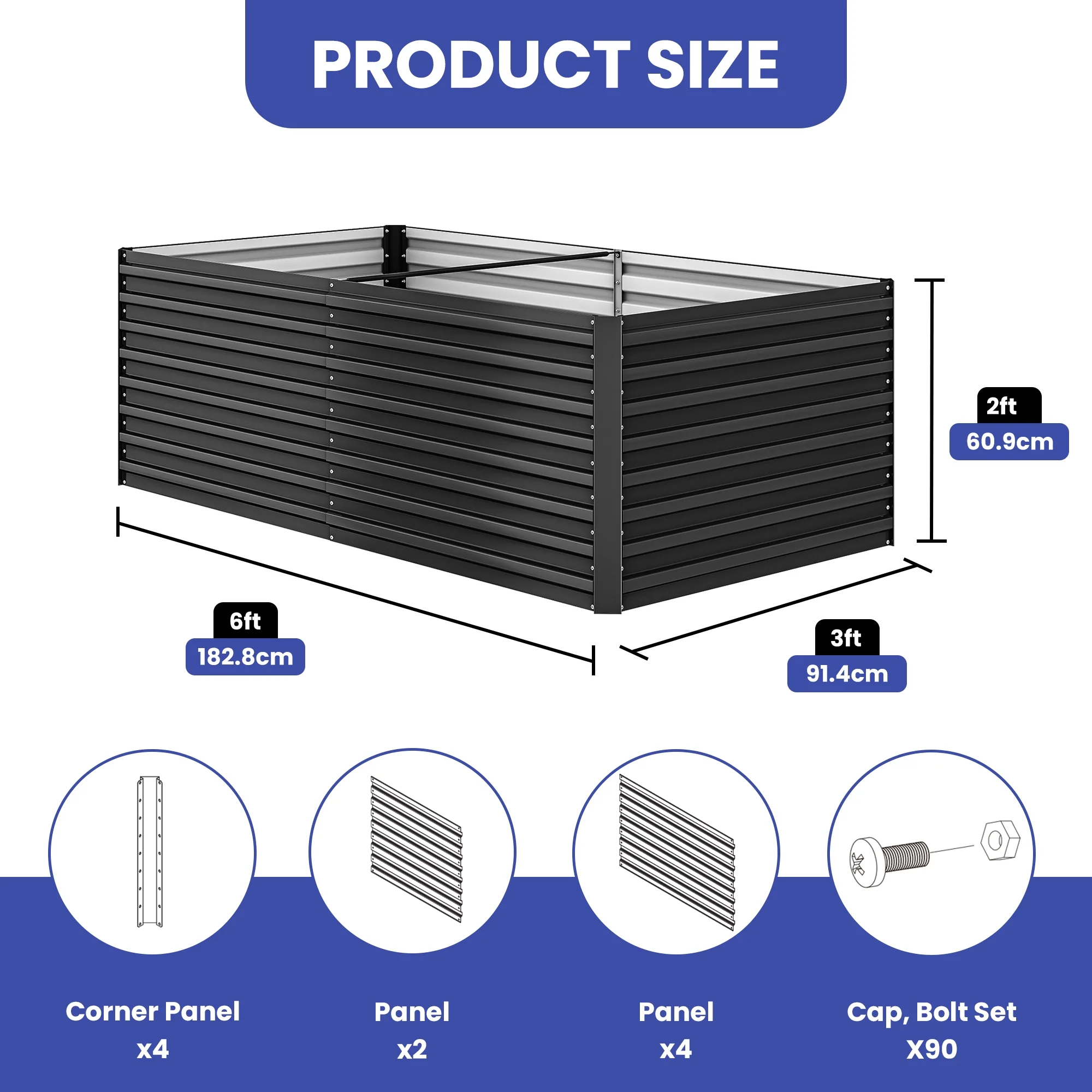 ModFusion 6x3x2 Ft, Metal Galvanized Planter Box Kit, Support Rod, Corner Panel Protection, Raised Garden Composting Bed, Dark Gray - Curated Treasures Market