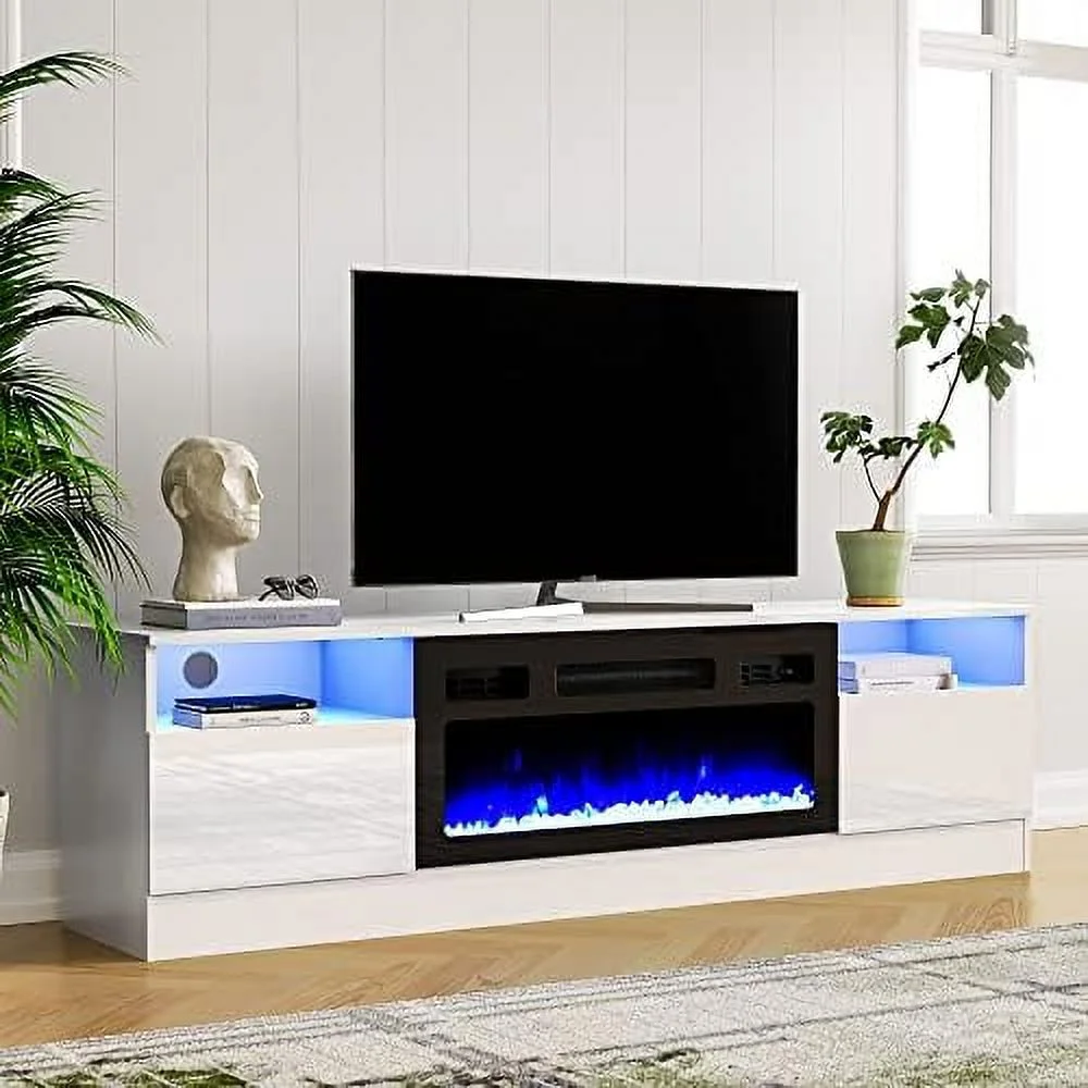 TJUNBOLIFE Fireplace TV Stand for 75 inch TV  LED TV Entertainment Center with 30" Electric Fireplace  High Gloss Modern Television Stand  White