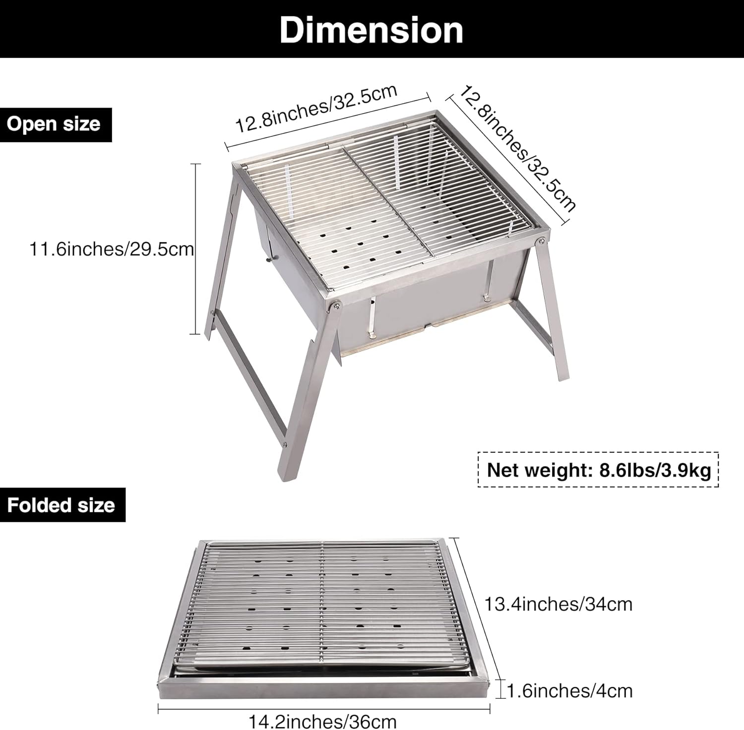 Lineslife Pop up Fire Pit for Camping Wood Burning, 12.8" Portable Folding Stainless Steel Charcoal Campfire Grill and Fire Pit with Garry Bag for Outdoor Cooking BBQ