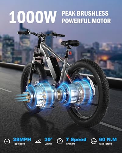 Racer Plus Adult Electric Bicycle, Peak 1000W Motor Electric Bike for Adults, Up to 28MPH 65Miles, 26x4.0 Fat Tire Electric Mountain Bike with 48V 13AH Battery, 7 Speed Front Suspension E Bike