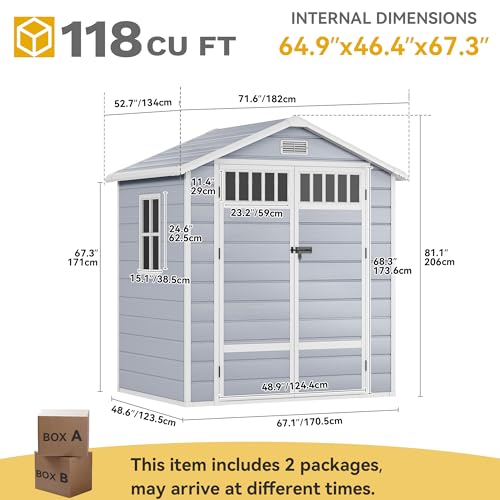 DWVO 6x4.4 FT Resin Storage Shed with Fence-Style and Side Windows, Lockable Door, and Vents for Garden, Backyard, Patio, Lawn, Gray