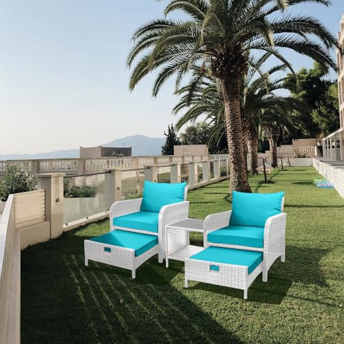 LEVELEVE Balcony Furniture 5 Piece Patio Conversation Set, PE Wicker Rattan Outdoor Lounge Chairs with Soft Cushions 2 Ottoman&Glass Table for Porch, Lawn-Brown Wicker