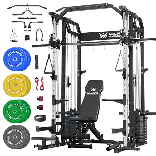Major Fitness Drone2 Advanced Training Smith Machines– All-in-One Home Gym Squat Rack with Aluminum Pulley Set , Weight Bar, Dual LAT Pull-Down Systems & Cable Crossover Machine for Full-Body Workouts