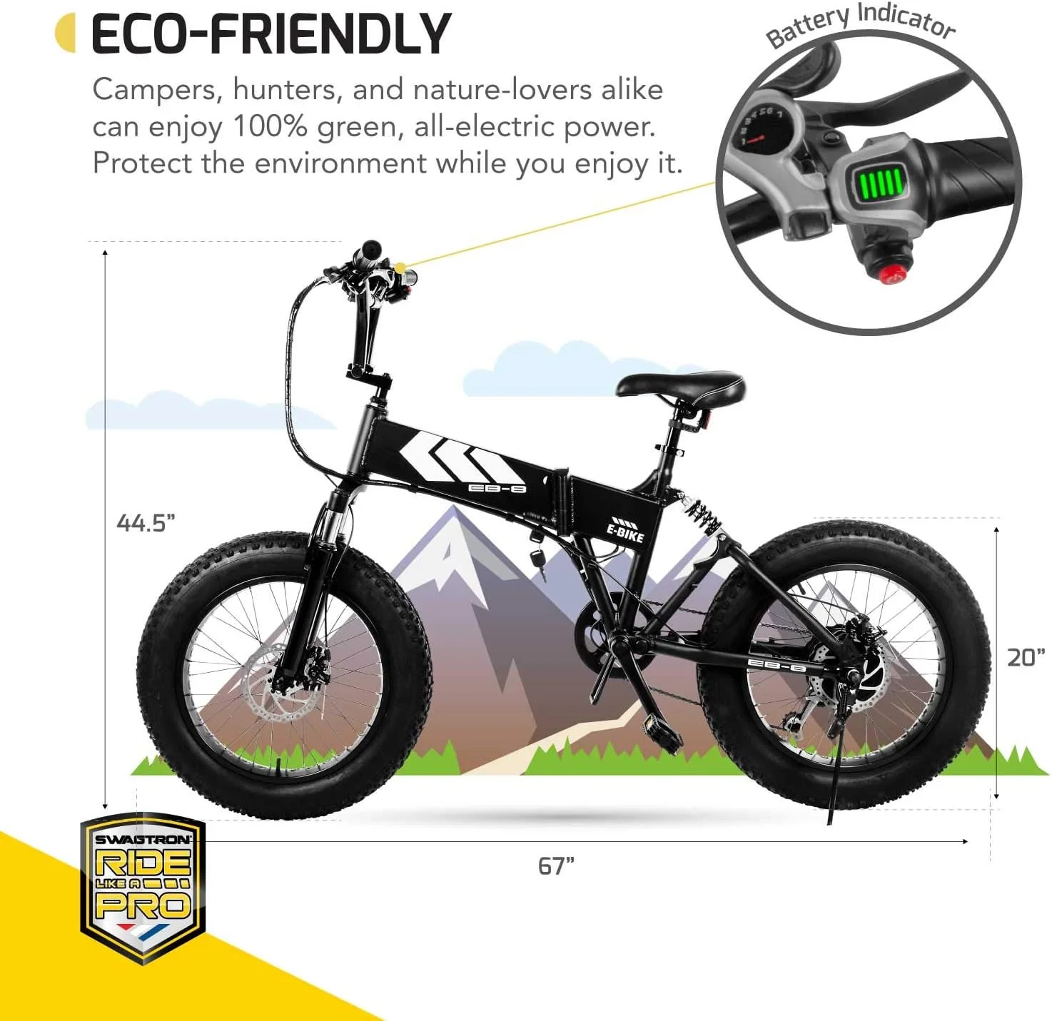 SWAGTRON EB-8 Fat Tire 650W Electric Bicycle Removable Battery off Road Foldable Ebike for Adults & Teens Dual Disk Brakes 7-Speed Shifting Built for Trail Riding