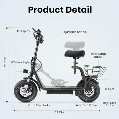 Caroma Electric Scooter with Seat,1200W Peak Motor,LED Display & 3 Speed Modes,30 Miles Max Range,Height Adjustable Seat & Foldable Electric Scooter with Basket,Front Suspension & Storage Hook
