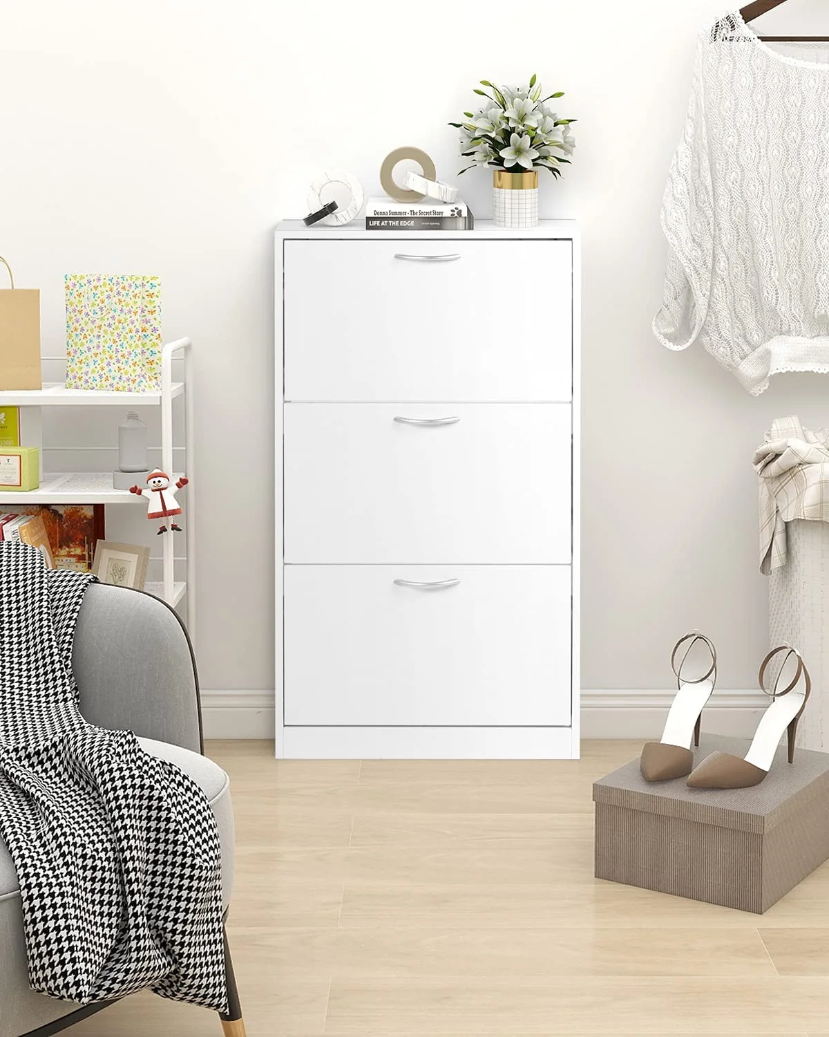 LAZZO Shoe Cabinet for Entryway, White Narrow Shoe Storage Cabinet Flip Down Shoe Rack Wood 3 Tier Shoe Organizer for Home and Apartment