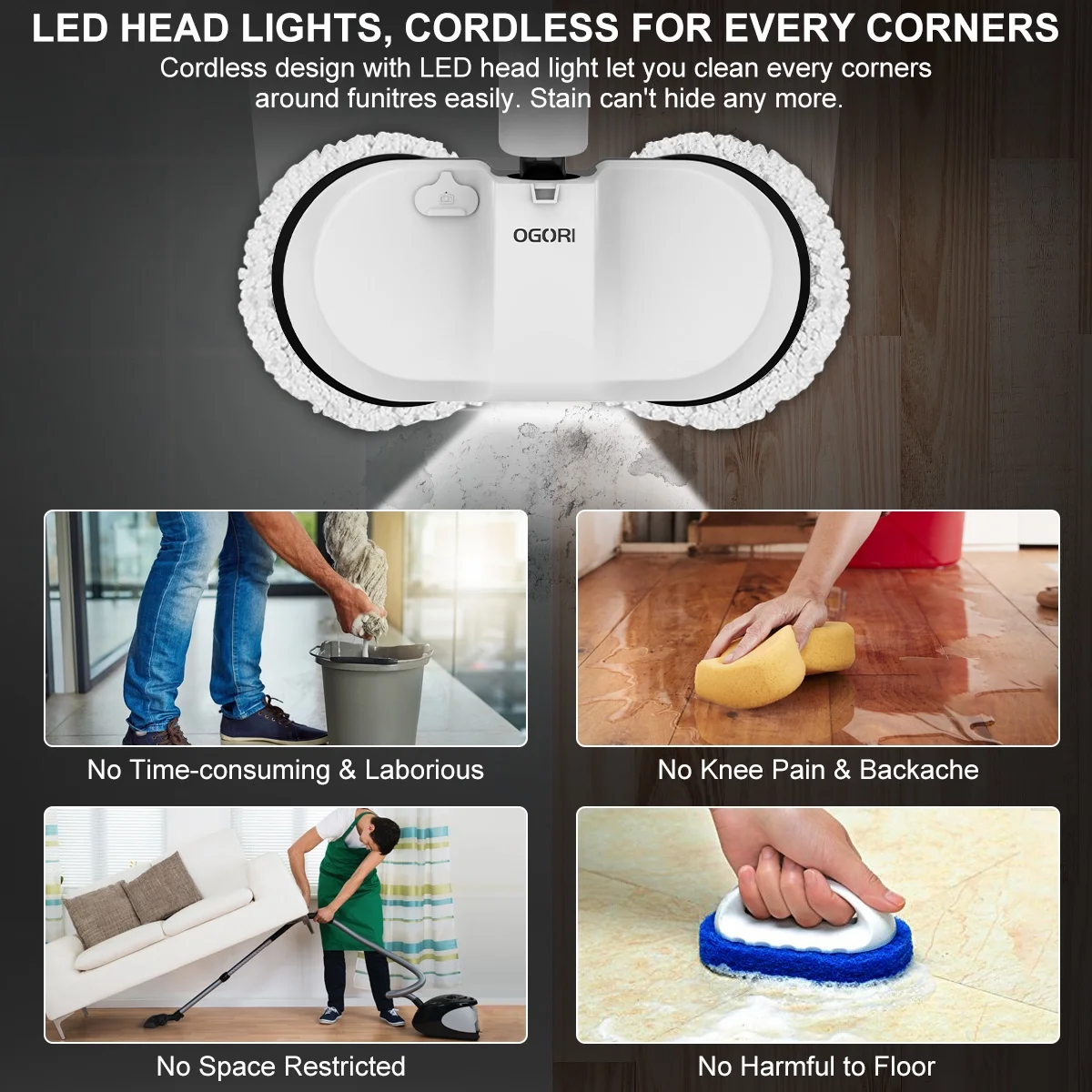 OGORI Cordless Electric Spin Mops Built-in 300ml Water Tank,Reusable Microfiber Cleaning, LED Headlight and Sprayer for Hardwood, Tile & Laminate Floors