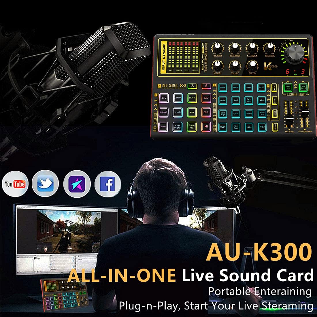 Professional Audio Mixer, K300 Live Sound Card and Audio Interface Sound Board with Multiple DJ Mixer Effects,Voice Changer and LED Light, Prefect for Streaming/Podcasting/Gaming/Recording/YouTube/PC Pack of 2