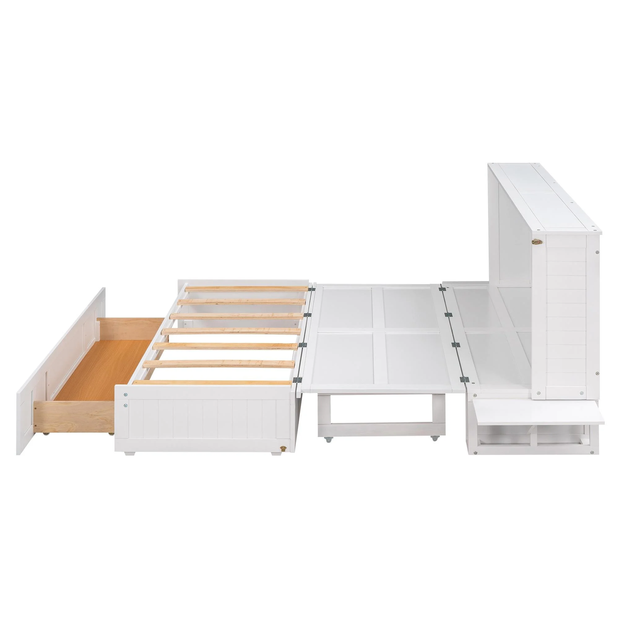 Bellemave Murphy Cube Cabinet Bed with Storage Drawer, Wood Queen Size Murphy Bed Cabinet with Side Little Shelves, Easy Fold Bed Frame for Guest Room, Home, Office (White)