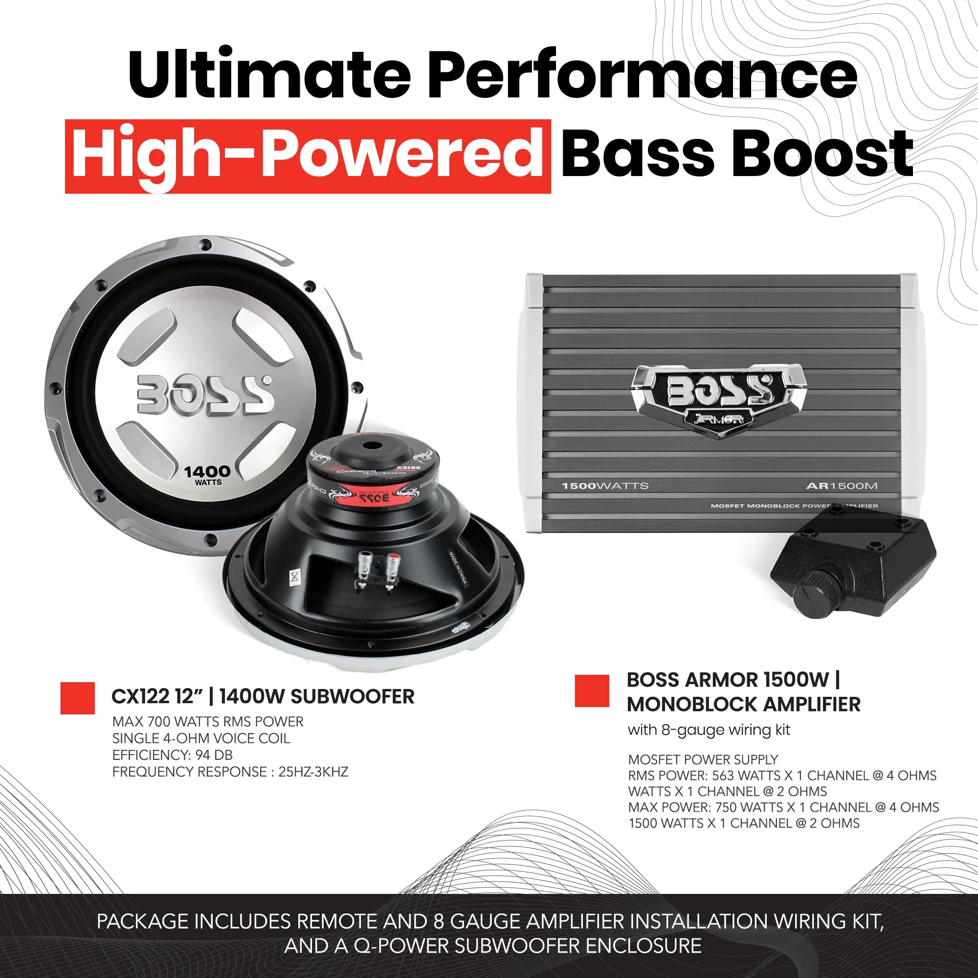 Boss Audio 12" 1400W Subwoofer, 1500W Amplifier w Amp Kit & QPower 12" Enclosure