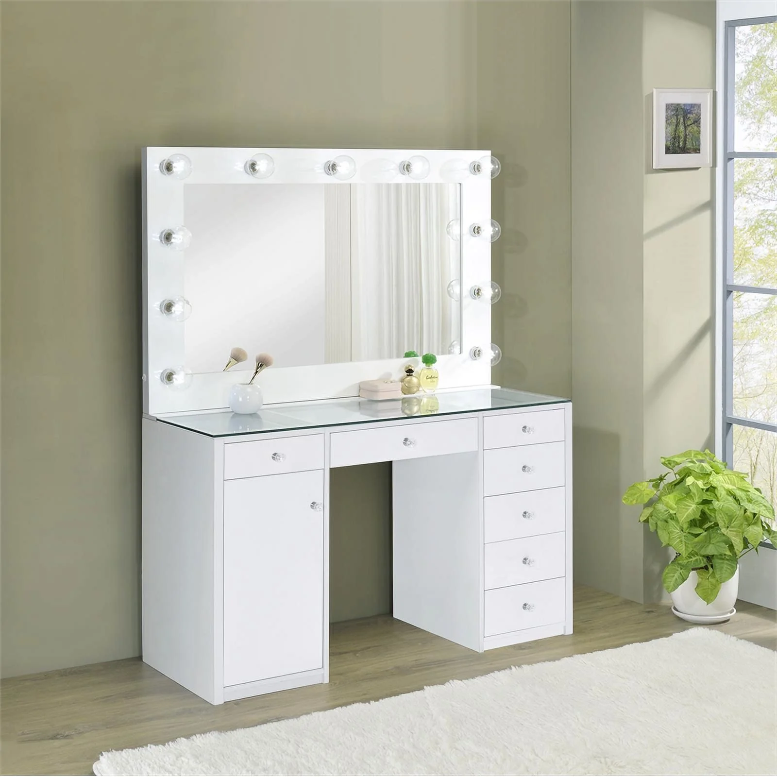Maklaine 7-Drawer Wood & Glass Vanity Desk with LED Lighting in White