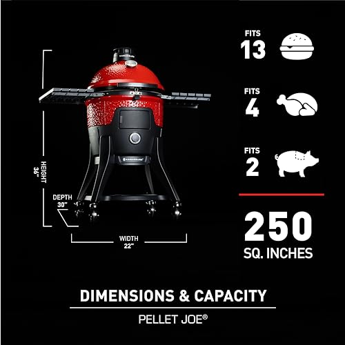 Kamado Joe Pellet Joe Grill, Classic Joe, 18-inch Ceramic Wood Pellet Grill and Smoker with Cart, Side Shelves, Stainless Steel Grates and 250 Cooking Square Inches in Red, Model KJ15260020