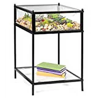Square Terrarium Display End Table with Reinforced Glass in Black Iron- 18" L x 18" W x 27" H- Great Indoor Decor for Home or Office- DIY Garden for Fern Moss Succulents- Great