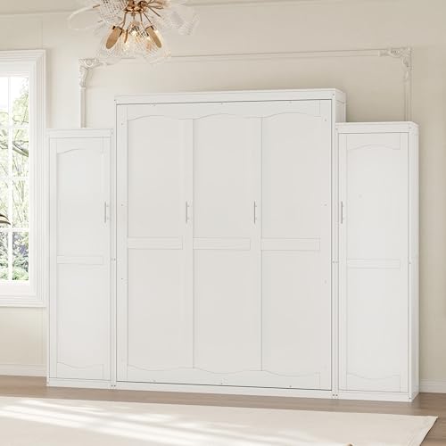 KLMM Wooden Murphy Bed Wall Bed with 2 Wardrobe and Storage Shelf,Foldable Platform Bedframe for Guest-Room Bedroom Study Office Use (White#E, Full)