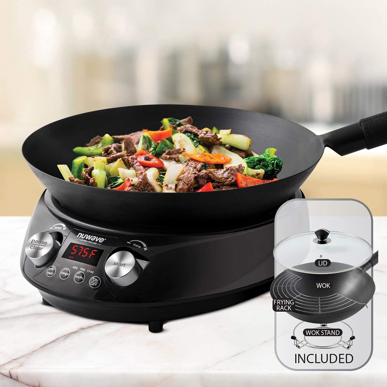 NUWAVE MOSAIC Induction Wok with 14-inch carbon steel wok with tempered glass lid; precision temperature control from 100F to 575F, Wattage control (600W, 900W & 1500W)