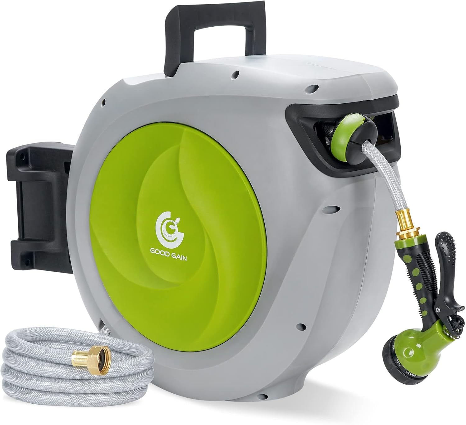 Retractable Hose Reel, 115+7FT Auto Rewind Water Hose, 180&deg;Swivel Bracket Wall Mounted Water Hose Reel, Slow Return System, Any Length Lock, 9 Patterns Hose Nozzle for Yard Watering, Car Wash(White)