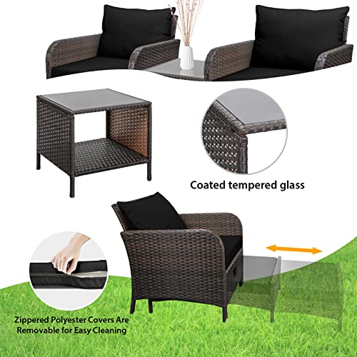 LEVELEVE Balcony Furniture 5 Piece Patio Conversation Set, PE Wicker Rattan Outdoor Lounge Chairs with Soft Cushions 2 Ottoman&Glass Table for Porch, Lawn-Brown Wicker