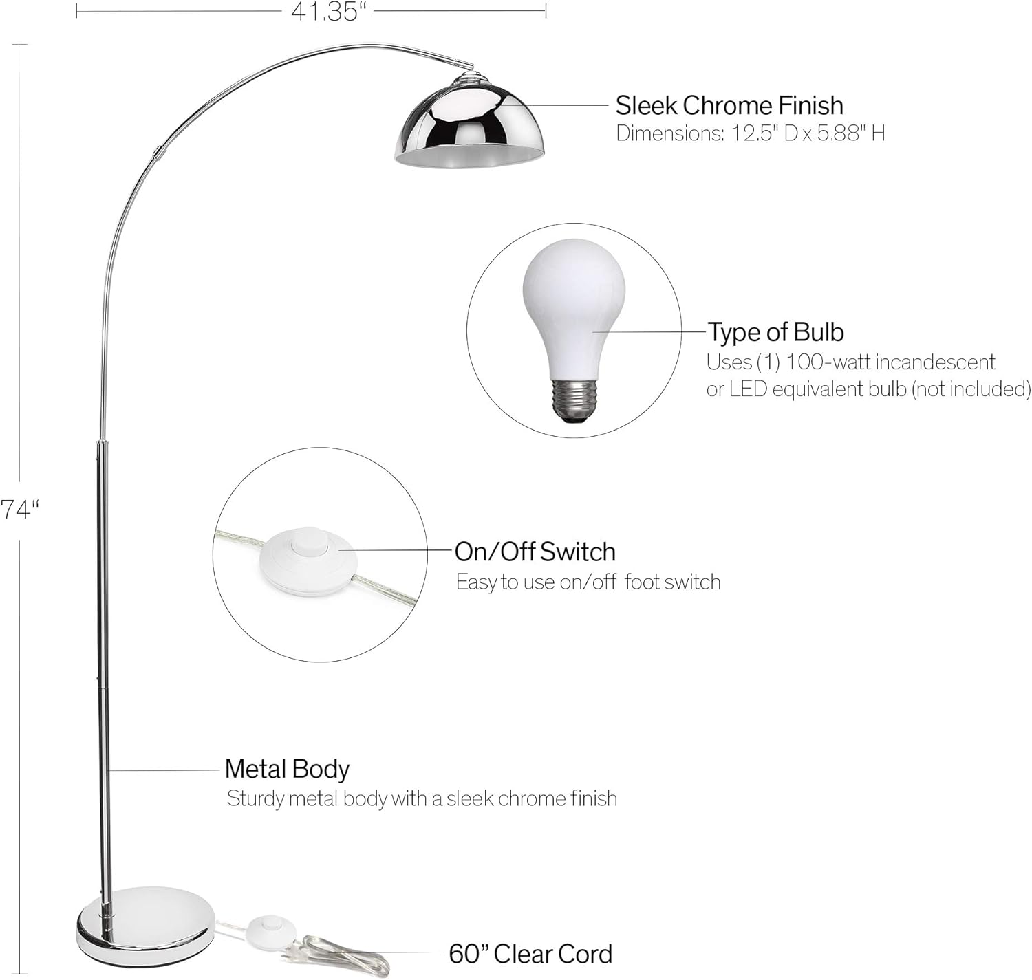 Catalina 21413-000 Mid-Century Modern Over The Sofa Curved Metal Arc Floor Lamp with Heavy Base for Living, Dorm Room, Office, 76, Classic Chrome