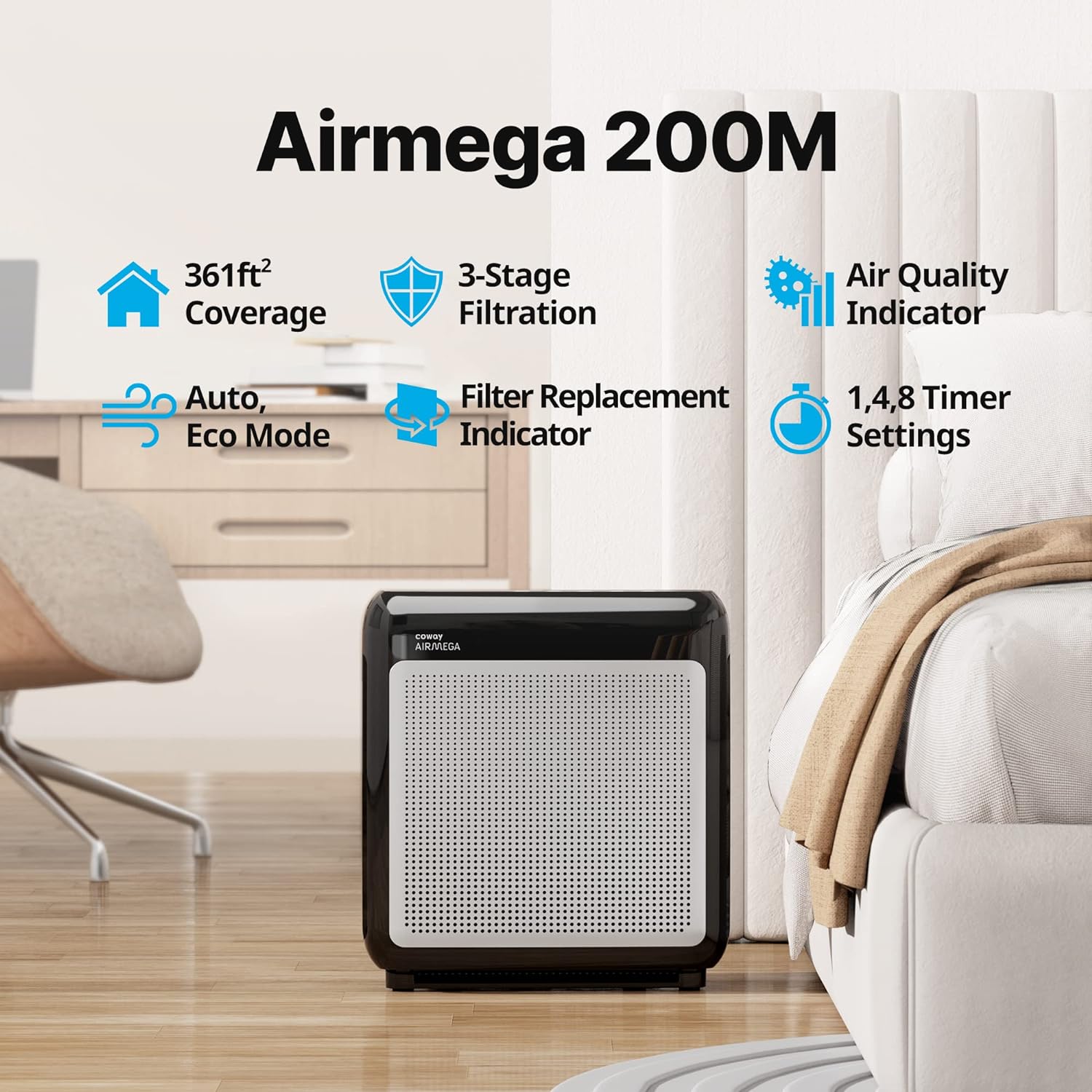 Coway Airmega AP-1512HH True HEPA Air Purifier with Air Quality Monitoring, Auto Mode, Timer, Filter Indicator, Eco Mode & AIRMEGA 200M True HEPA Air Purifier, 361 sq.ft, Black