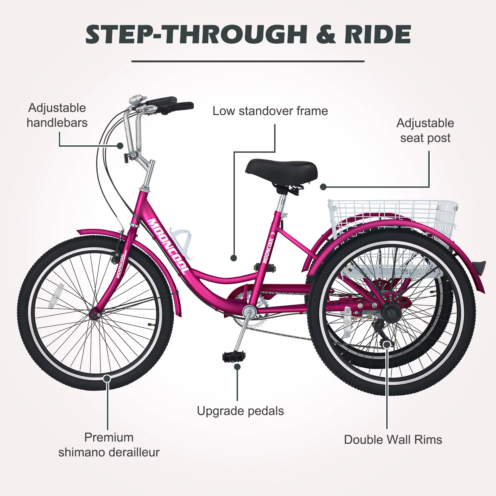 MOPHOTO Adult Tricycles 3 Wheel 7 Speed Trikes, 20/24/26 inch with Big Basket for Shopping, Picnics Exercise Men's Women's Senior's Trike