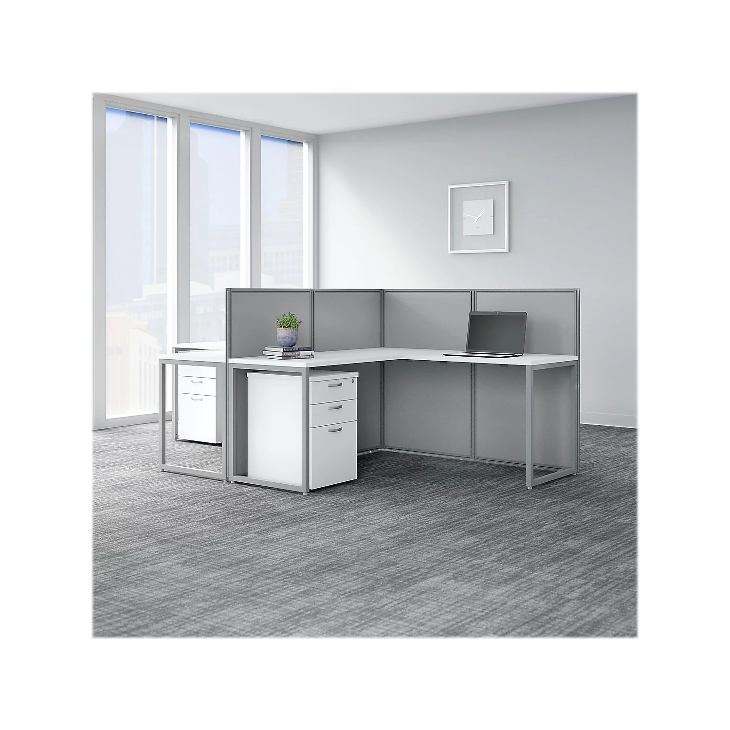 Easy Office 2 Person L Desk with Drawers & 45H Panels in White - Engineered Wood