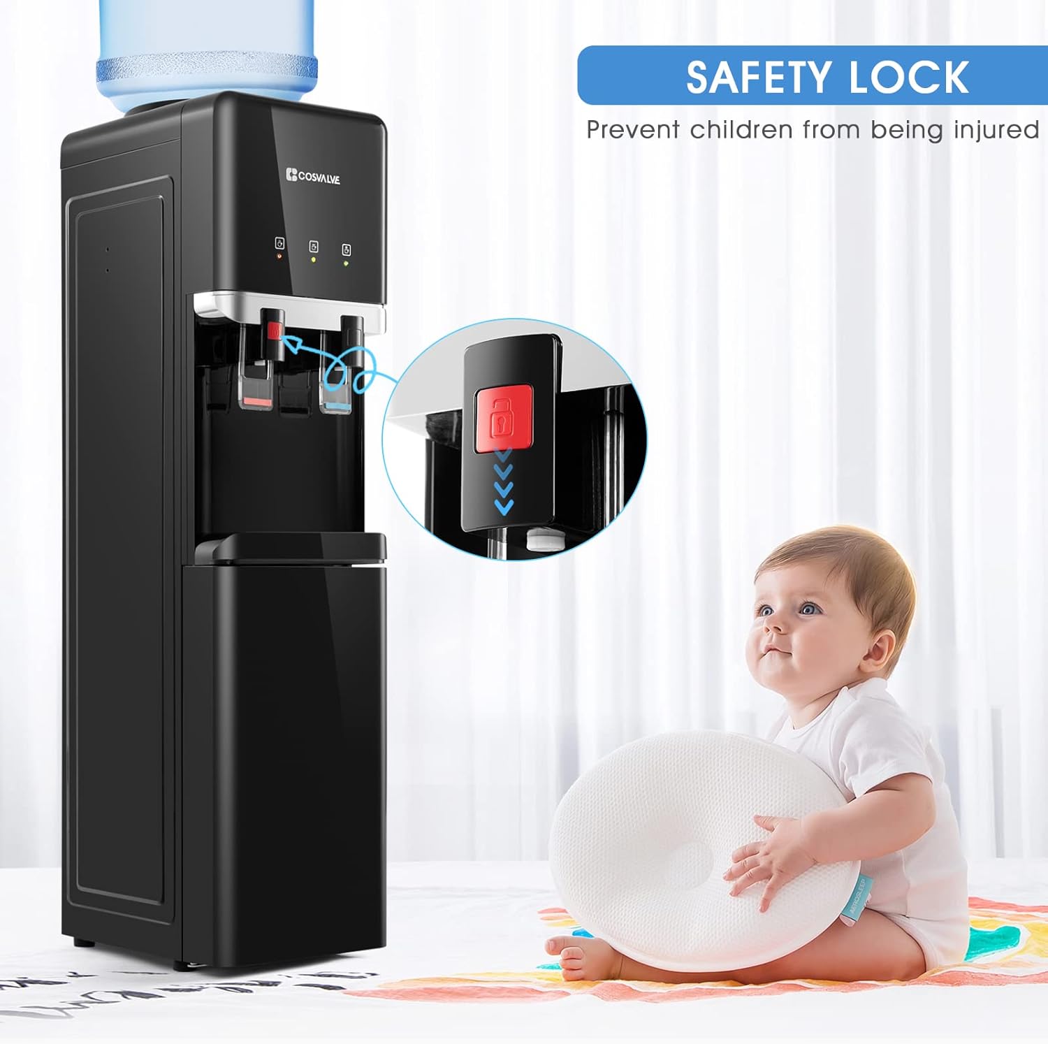 COSVALVE Water Cooler Dispenser, 5 Gallon Top Loading Hot/Cold Water Cooler,Compression Refrigeration w/Child Safety Lock,Storage Cabinet for Home Office, Apartment