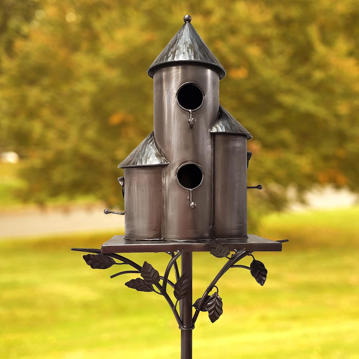 Zaer Ltd. Large Copper Colored Multi-Birdhouse Stakes, Room for 4 Bird Families in Each (Castle Home)