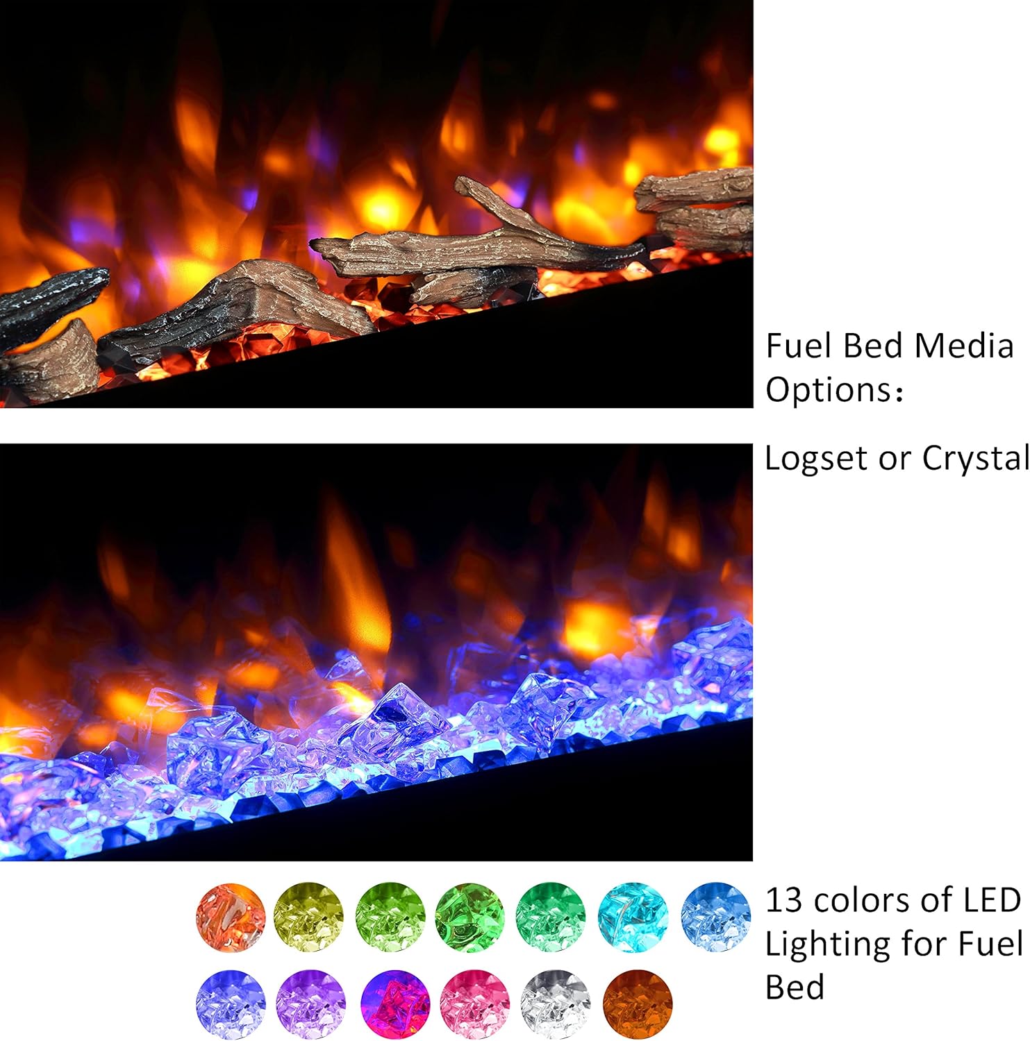 PuraFlame Alice 50 Inches Recessed Electric Fireplace, Flush Mounted for 2 X 6 Stud, Log Set & Crystal, 1500W Heater, Black