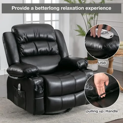 Massage Chair Recliner, Power Recliner Chairs with Heat and Message, Big and Tall Recliners with USB Port, with Swivel and Rocking Function for Elderly  (Black)