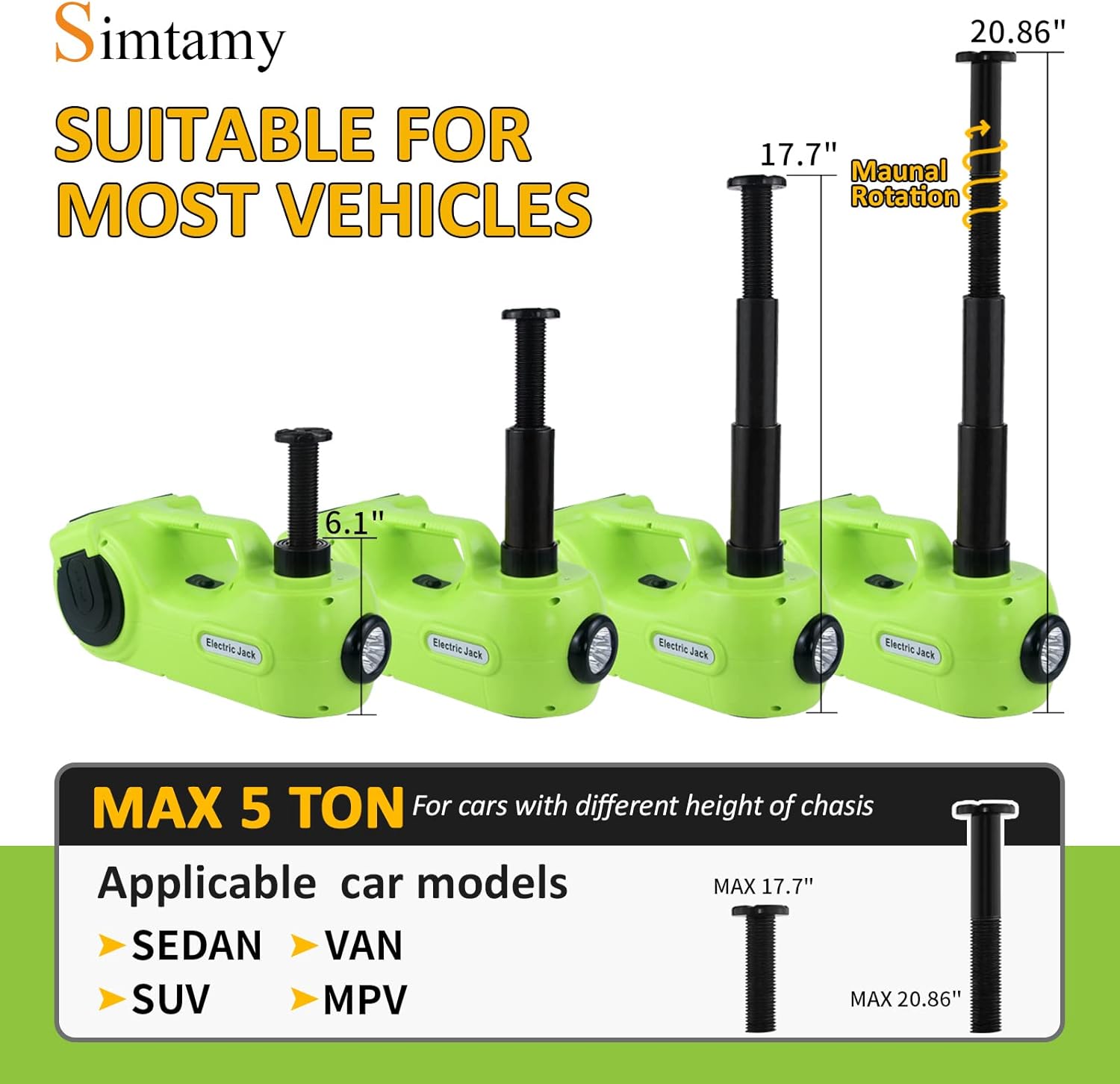 Simtamy Electric Car Jack Kit 5 Ton(11,000lb) 12V Hydraulic Jack with Electric Impact Wrench, Tire Inflator and LED Light, Portable Emergency Car Lift Tire Change Tools