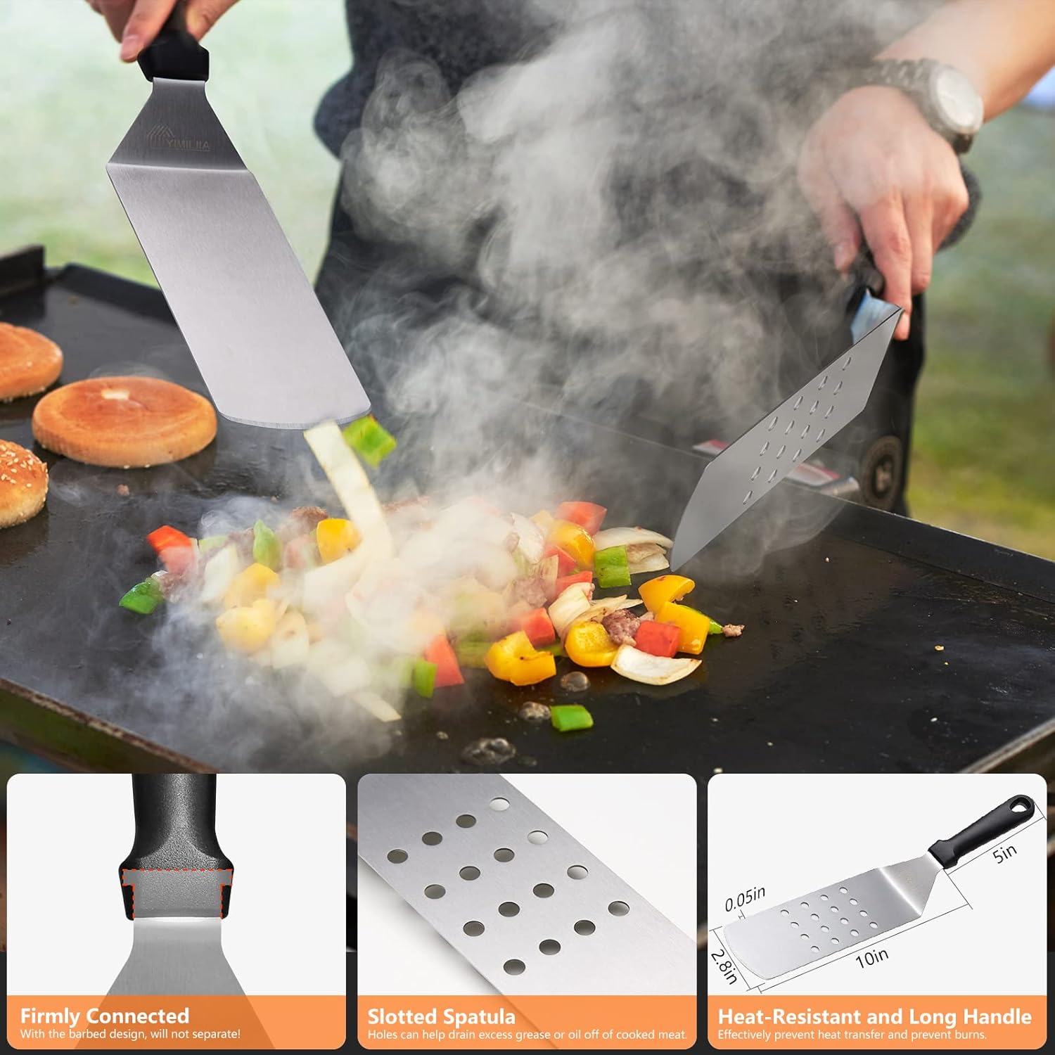 YIMII.JIA Griddle Accessories Set, 15 Pcs Flat Top Grill Accessories Kit for Blackstone and Camp Chef, Barbecue Utensil Gifts for Men with Spatula Set, Basting Cover and Burger Press Pack of 2