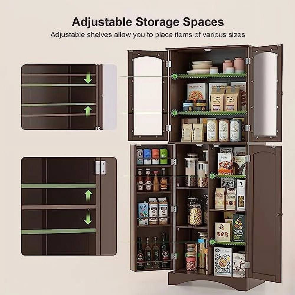 64" Kitchen Pantry Cabinet  Tall  Cabinet with Glass Doors and Adjustable Shelves  Freestanding Floor Cabinet Cupboard for Kitchen  Living Room  Dining Room (Dark Brown)