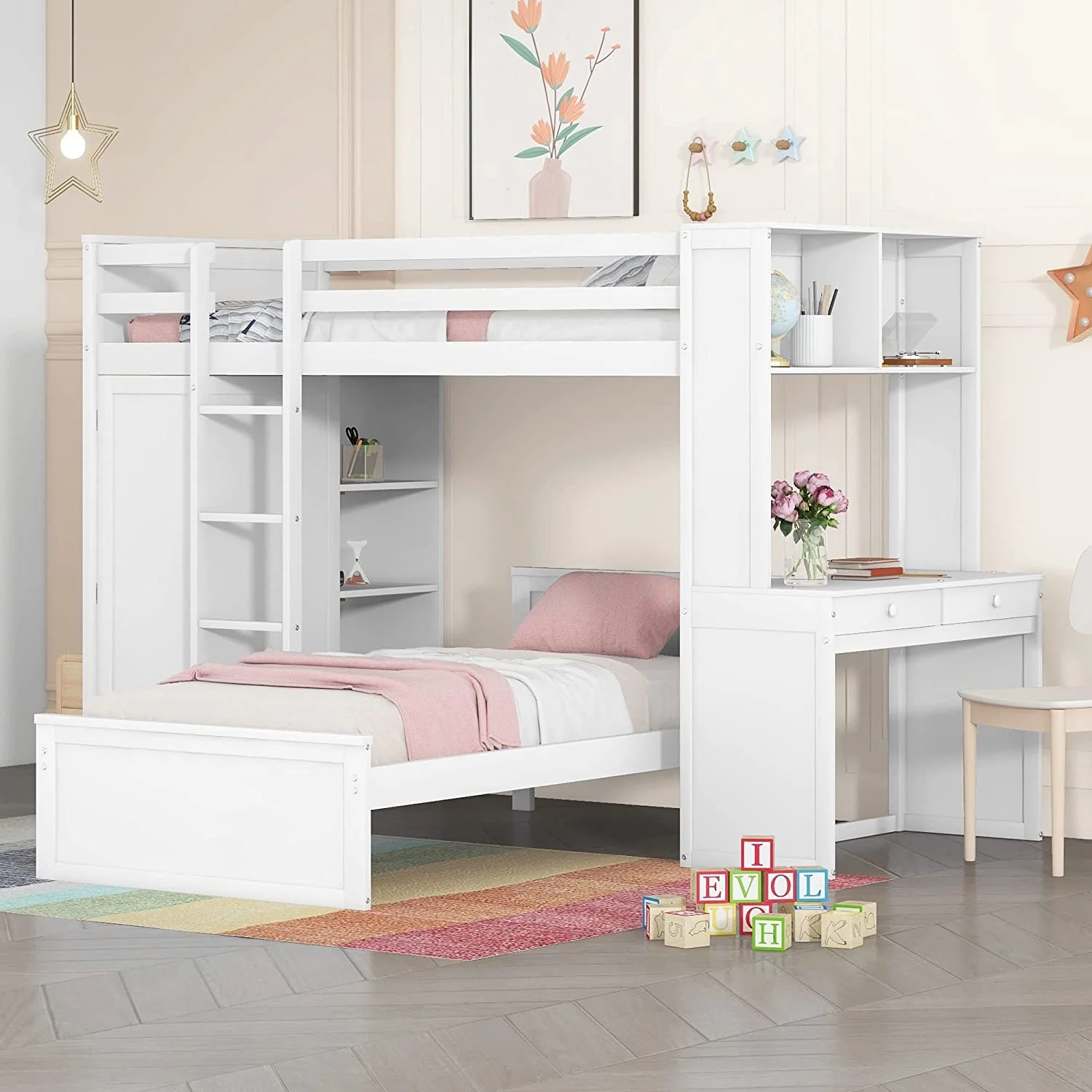 Over Bunk Beds With Desk And Drawers, Wooden Size Loft Bed Removable Wardrobe Shelves Storage Ladder Guardrails For Kids White