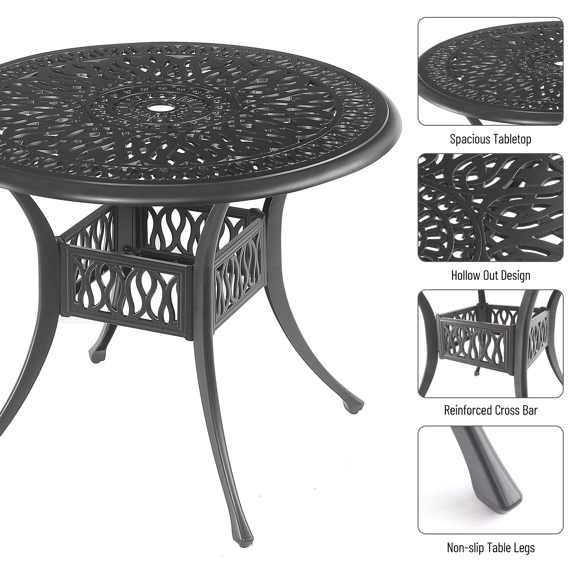 5Pcs Outdoor Furniture Dining Table Set All-Weather Cast Aluminum Patio Furniture Includes 1 Round Table and 4 Chairs with Umbrella Hole for Patio Garden Deck, Lattice Weave Design, Black Color