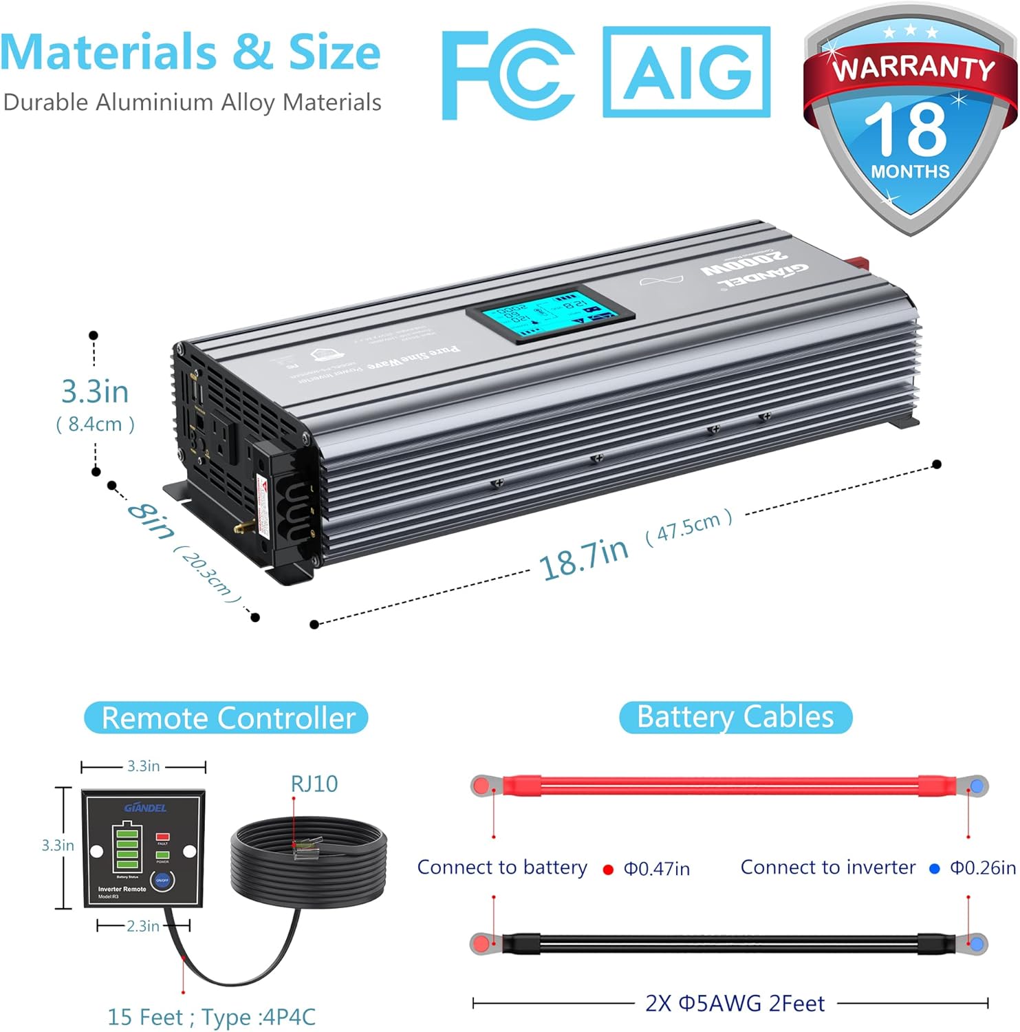 GIANDEL 2000W Pure Sine Wave Power Inverter DC 12V to AC 120V with a Hard Wire Terminal Block and Big LCD Display Wired Remote Controller Dual 2.4A USB Ports FCC Approved for Emergency Solar System