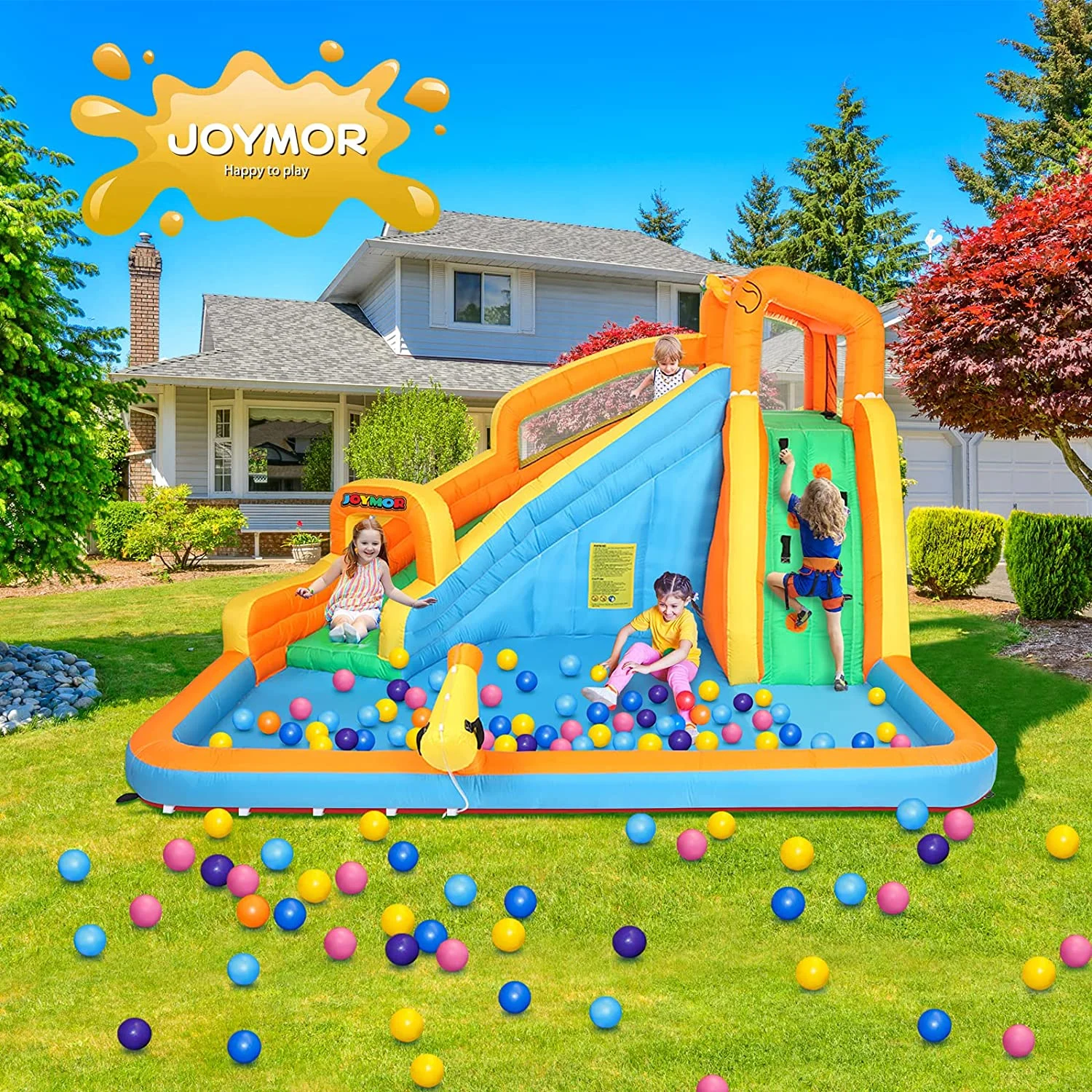 JOYMOR Inflatable Water Slide Bounce House w/Climbing Wall, Water Gun, Splash Pool, Water Slide Castle Outdoor Backyard Playhouse for Little Kids (Included Blower)