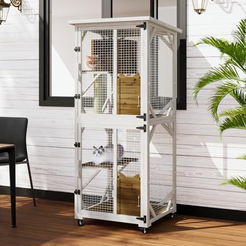 LEMBERI Cat House Outdoor Catio Cat Enclosures on Wheels, 71" Large Outside Patio Wooden Cat Cage Resting Box,Scratching Post, Waterproof Roof (Gray, 71")
