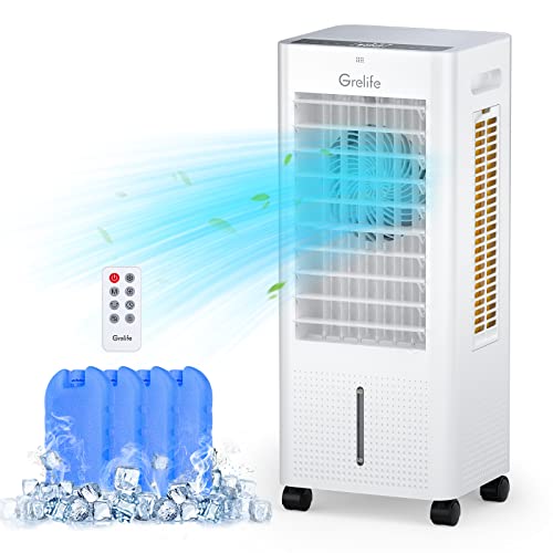 Grelife Air Cooler,3-IN-1 Portable Evaporative Air Cooler Cooling Fan with 4 Ice Packs,12H Timer,1.58 Gallons,Remote Control,3 Modes,3 Speeds,Personal Swamp Cooler for Bedroom, Home, Office
