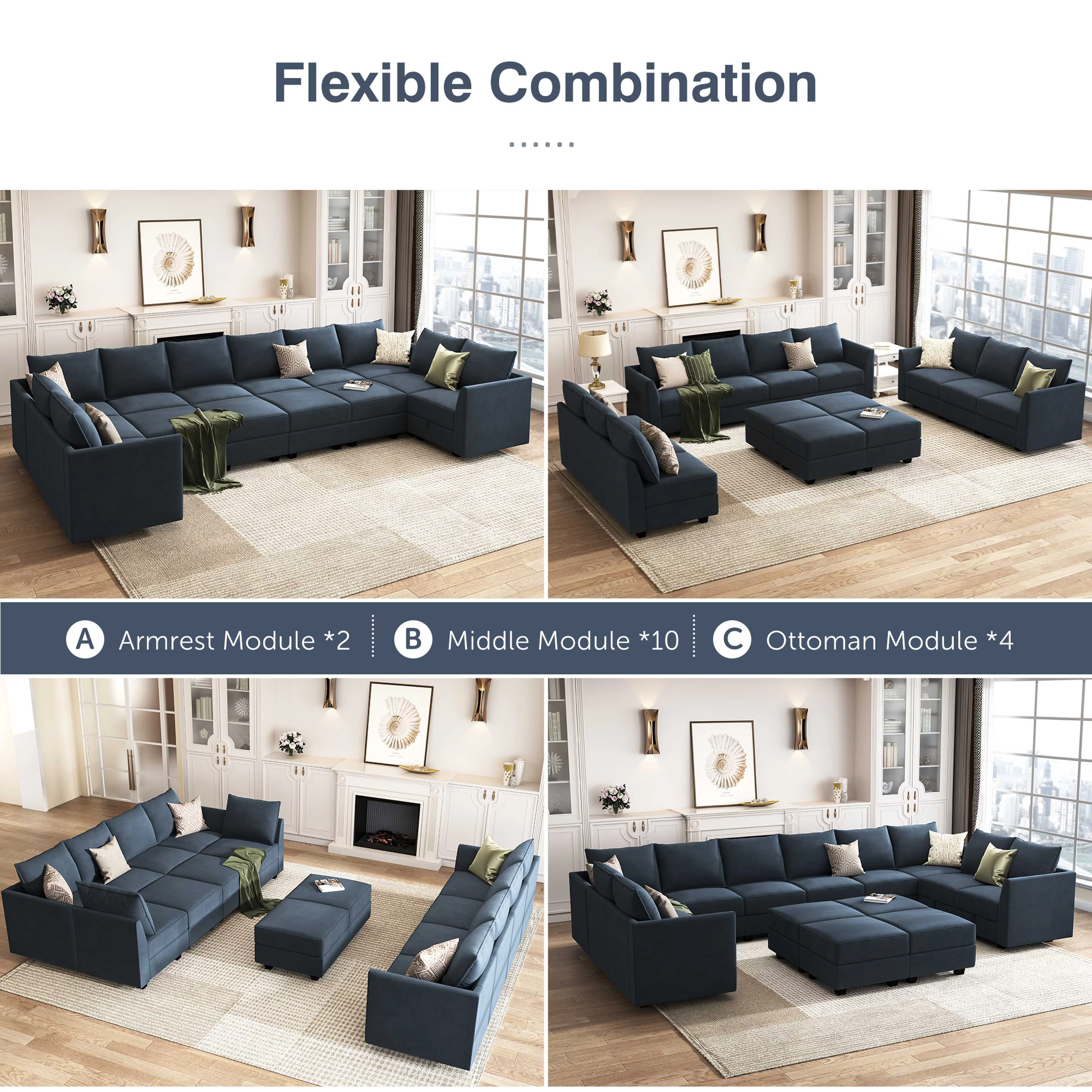 HONBAY Velvet Large Living Room Furniture Sofa Sleeper Bed Couch Set, Navy Blue