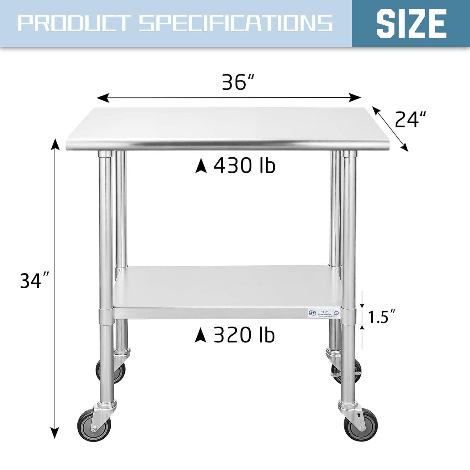 Hally Stainless Steel Table for Prep & Work 24 x 36 Inches with Caster Wheels, NSF Commercial Heavy Duty Table with Undershelf and Galvanized Legs for Restaurant, Home and Hotel
