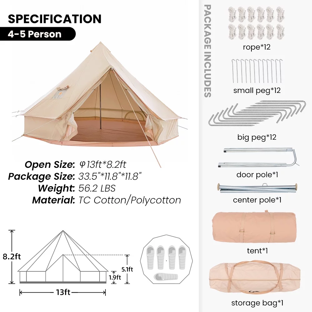 TOMOUNT Canvas Tent Bell Tent Yurt with Stove Jack Zipped Floor for Glamping 10ft/3m Dia 38LBS