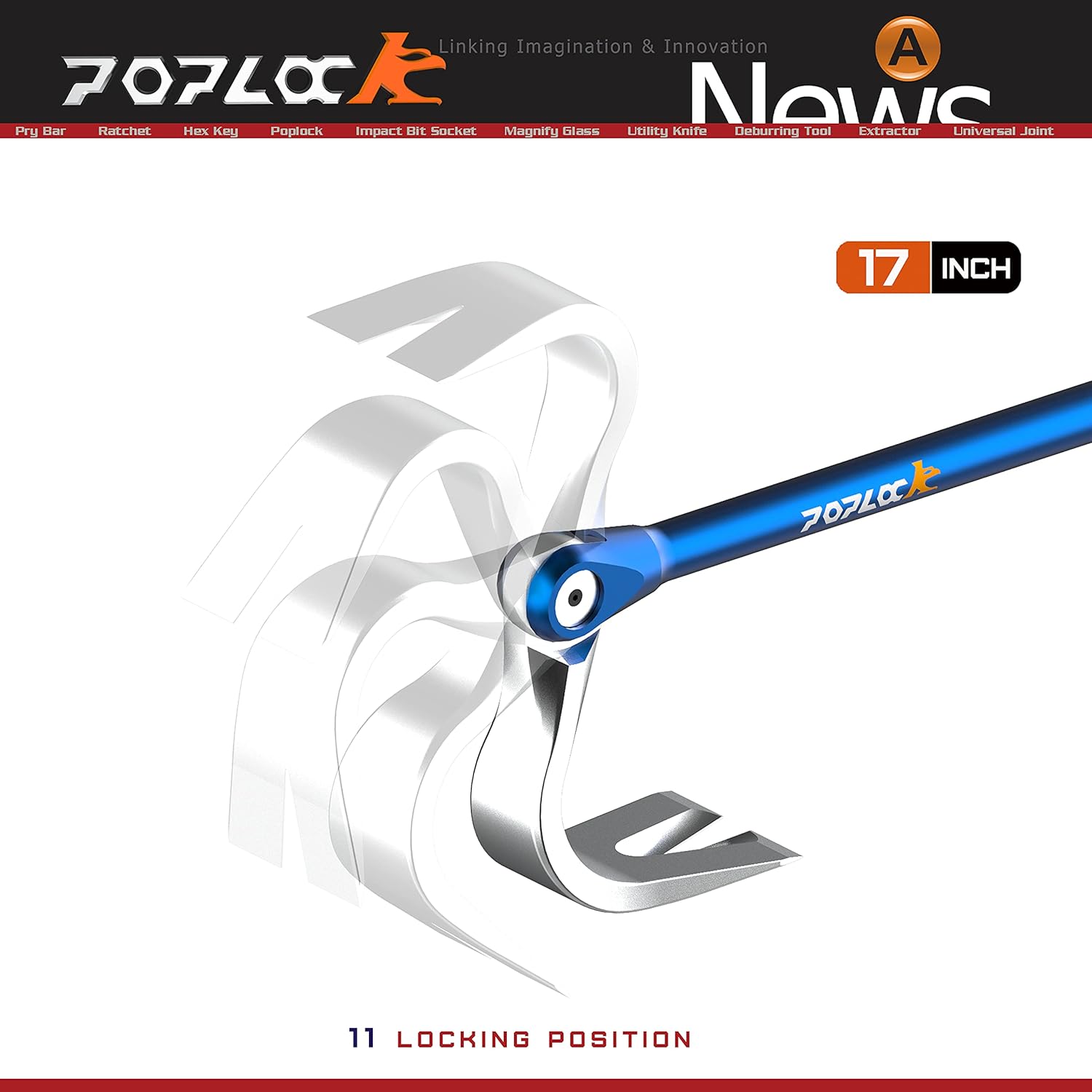 POPLOCK 17" Indexing Pry Bar Adjustable Nail Puller and Industrial Baseboard Removal Tool with 11-Position Double Gear Design for Easier Demolition and Fast Wrecking Pack of 2