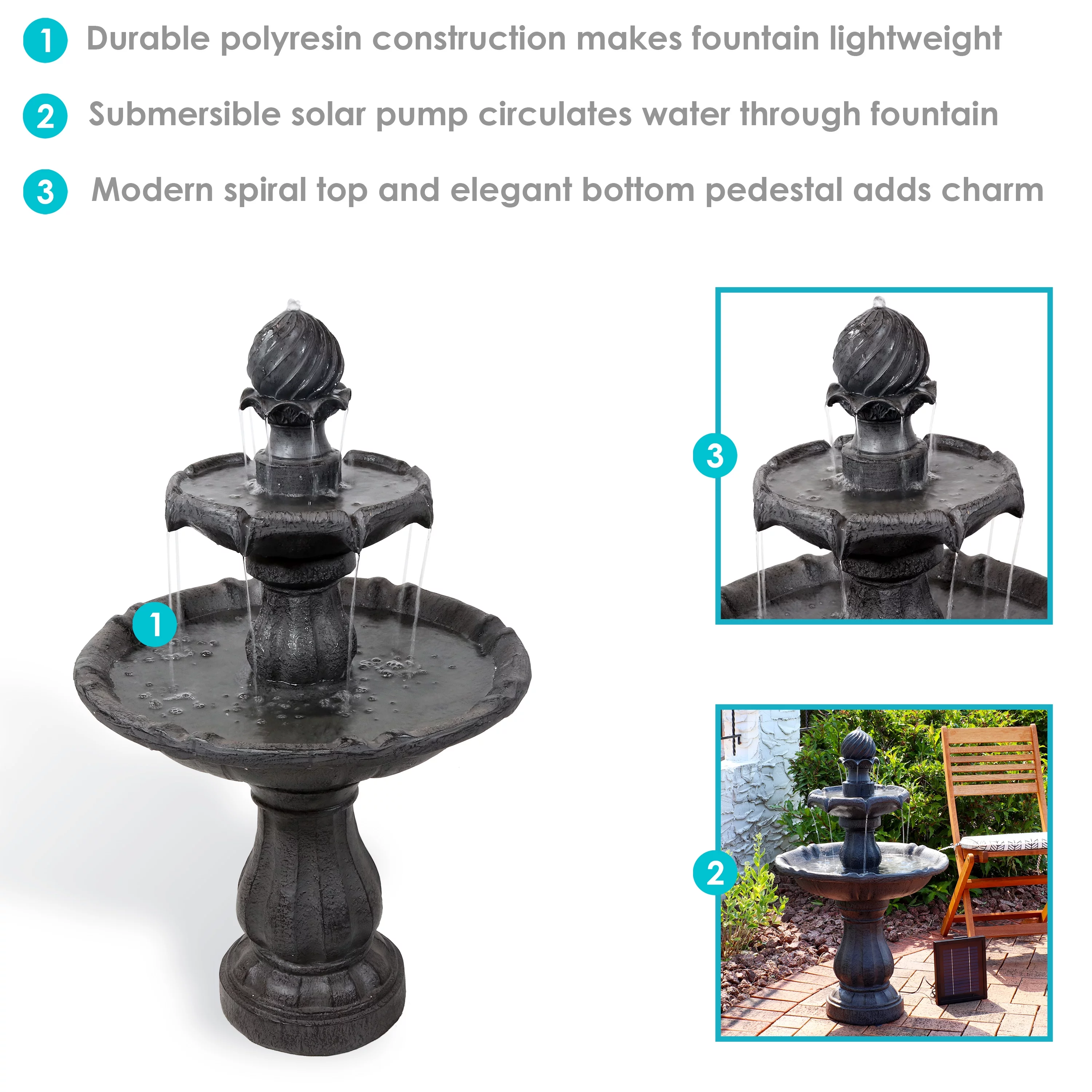 Sunnydaze 2-Tier Solar Outdoor Water Fountain with Battery Backup - Black Finish - 35" H