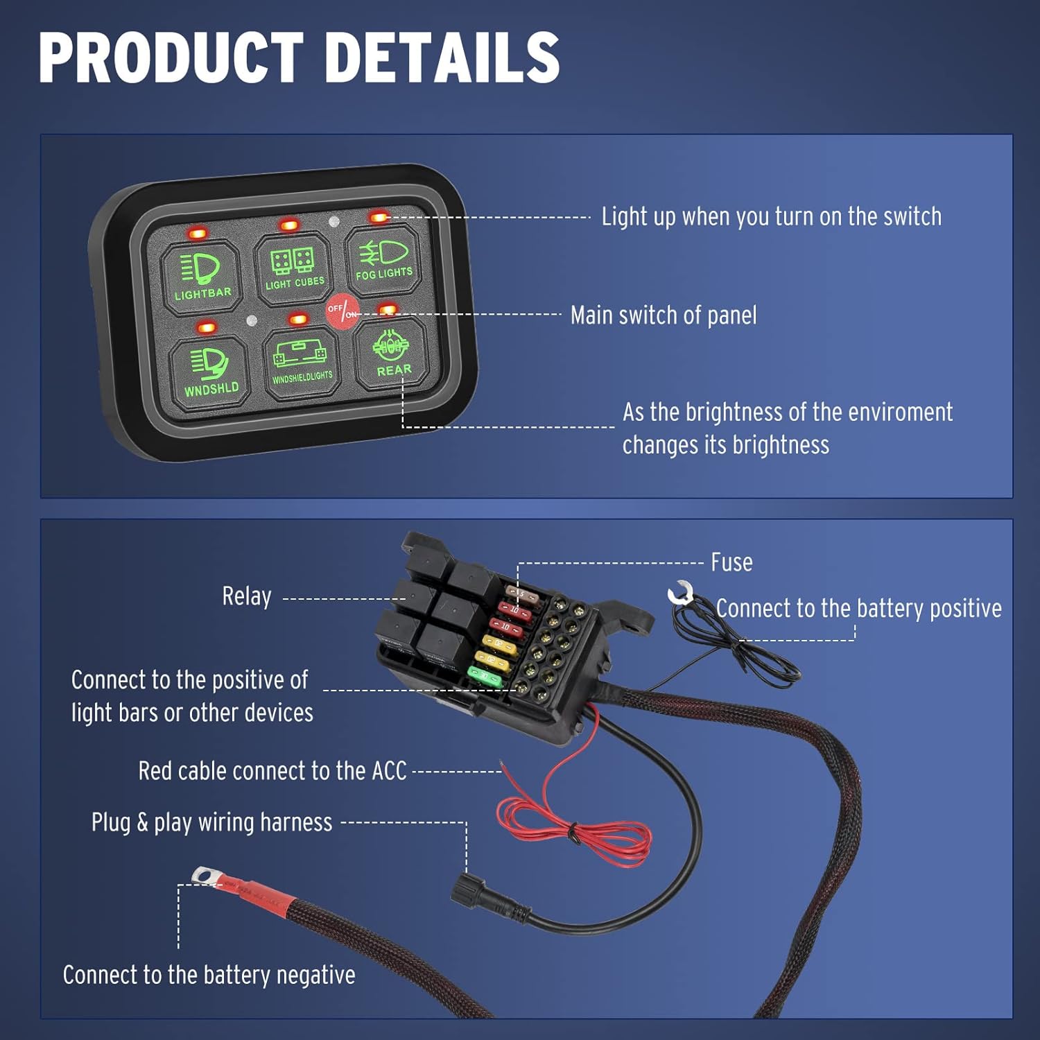 ANGU-OFFROAD 6 Gang Switch Panel, 12V Pod Electronic Fuse System Electronic Fuse System Circuit Control Box with Harness Label Sticker Circuit Control Box Pod for Car Truck Boat ATV UTV Offroad
