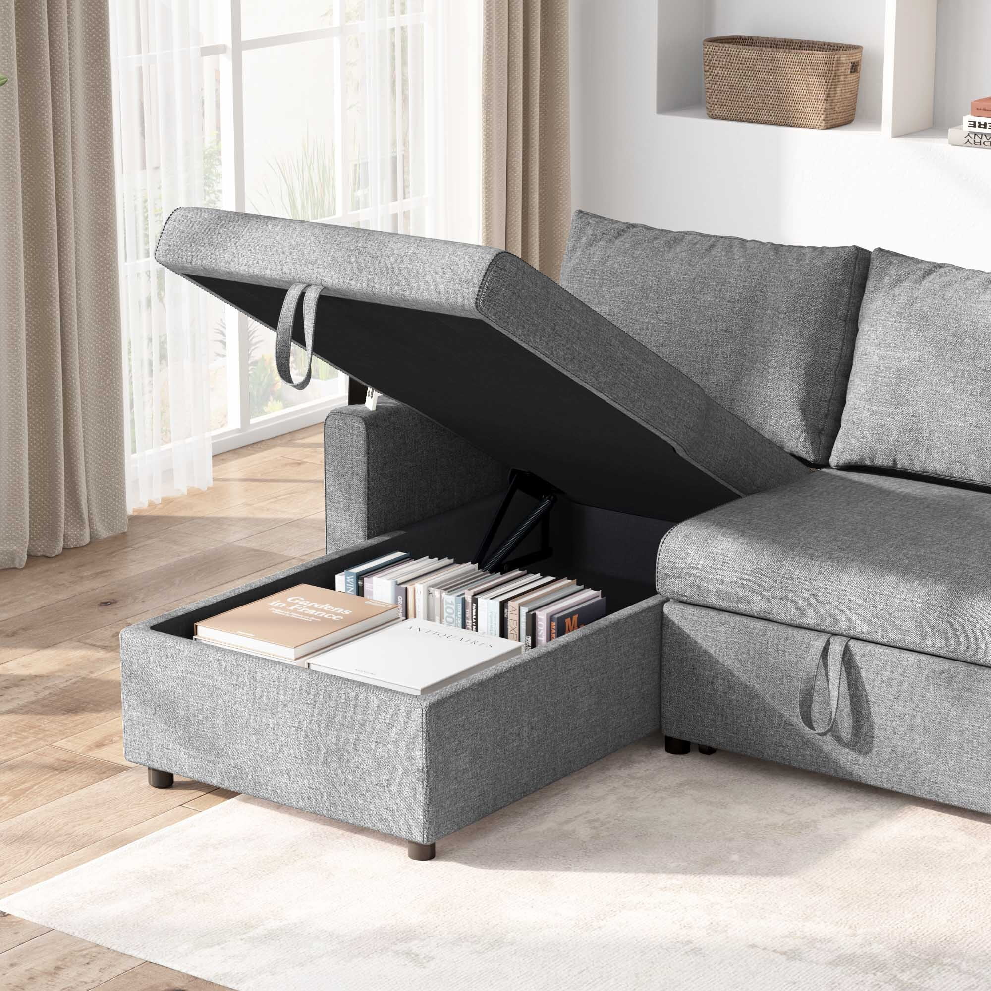 Soges 85" Pull Out Sofa Bed L Shape Sofa with Storage Chaise, Linen Fabric 3 Seater Couch, Dark Gray