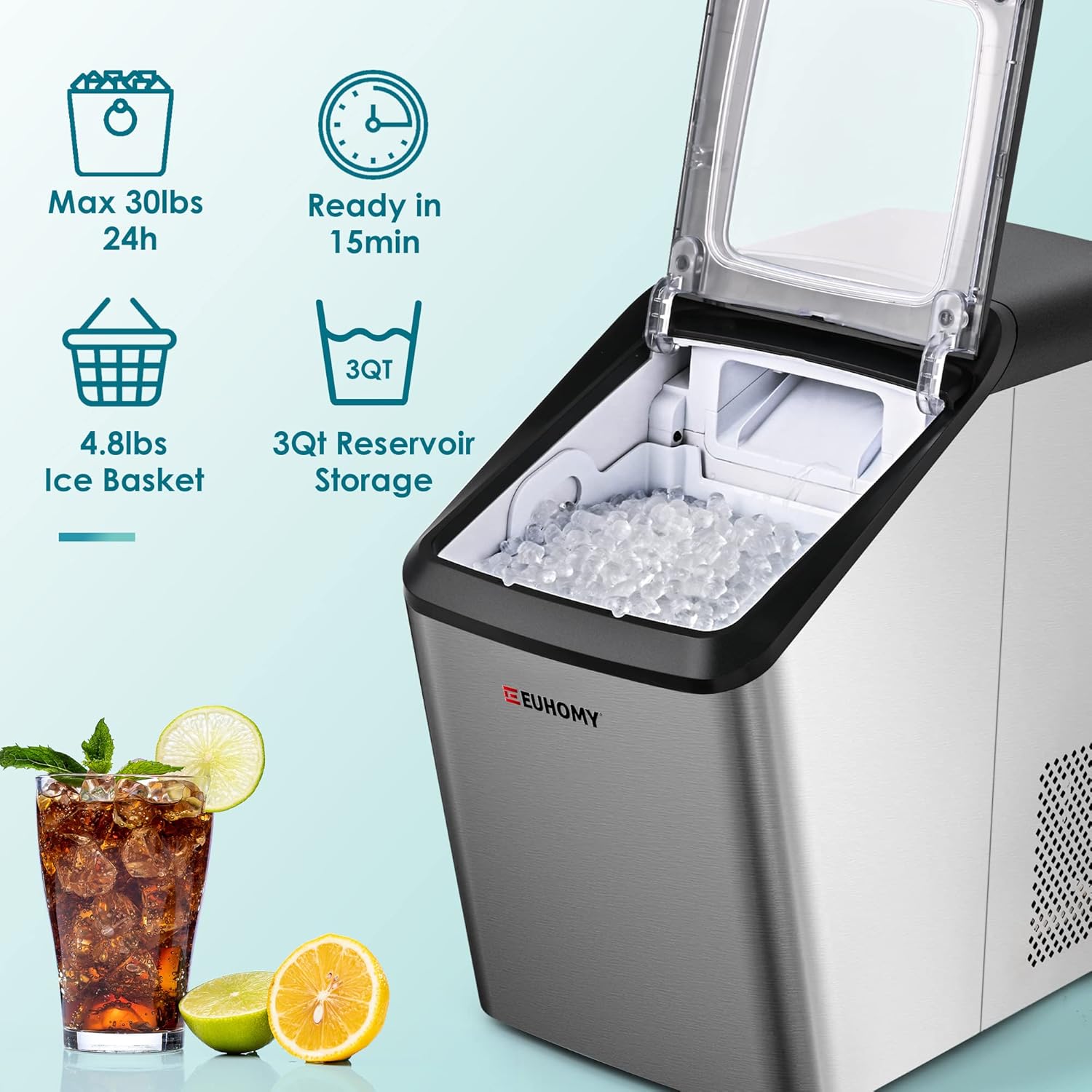 Euhomy Nugget Ice Maker Countertop, Ice Maker 26-30lbs/Day, Self-Cleaning & Auto Water Refill Pellet ice Maker, Sonic Ice Maker for Home/Kitchen/Office(Sliver) & OXO Good Grips Flexible Scoop