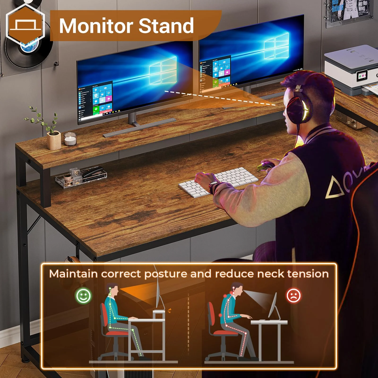 Brown L Shaped Cpomputer Desk with LED Lights and Printer Storage Shelves,55" Home Office Desk with 2 Drawers,Morden Gaming Desk