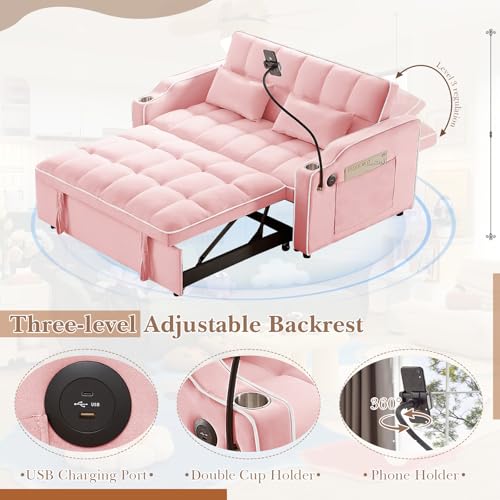 Convertible Sleeper Sofa Bed, 3 in 1 Velvet Pull Out Loveseat Couch Modern Comfy Futon Sofa with Adjustable Backrest & Phone Holder & USB Charging Space Saving for Living Room, Small Apartment, Grey