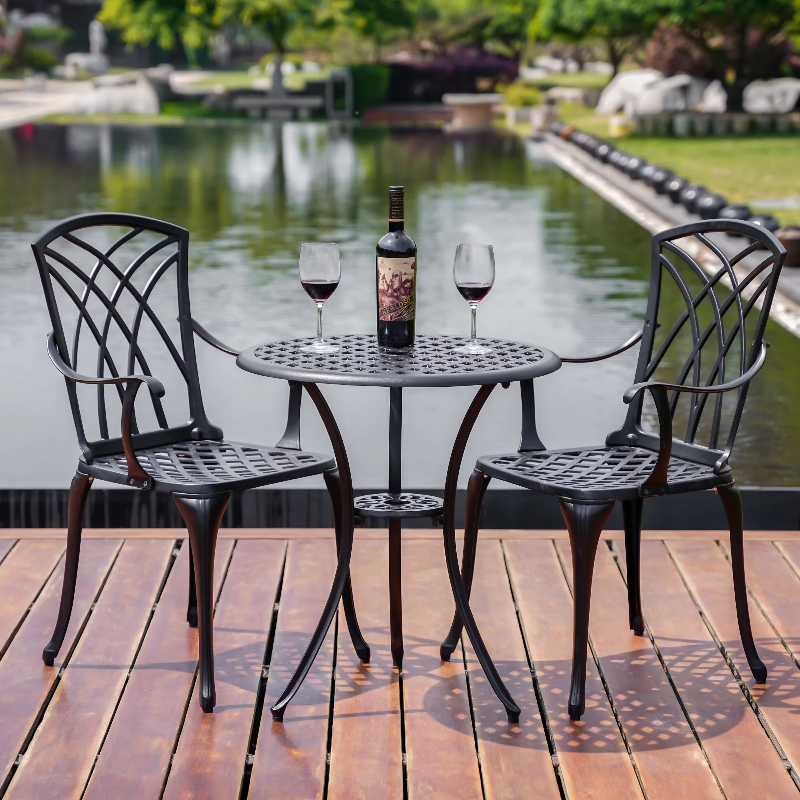 Withniture 3 Piece Patio Bistro Set Cast Aluminum Bistro Table Set Outdoor Patio Furniture with Umbrella Hole for Patio Balcony, Black