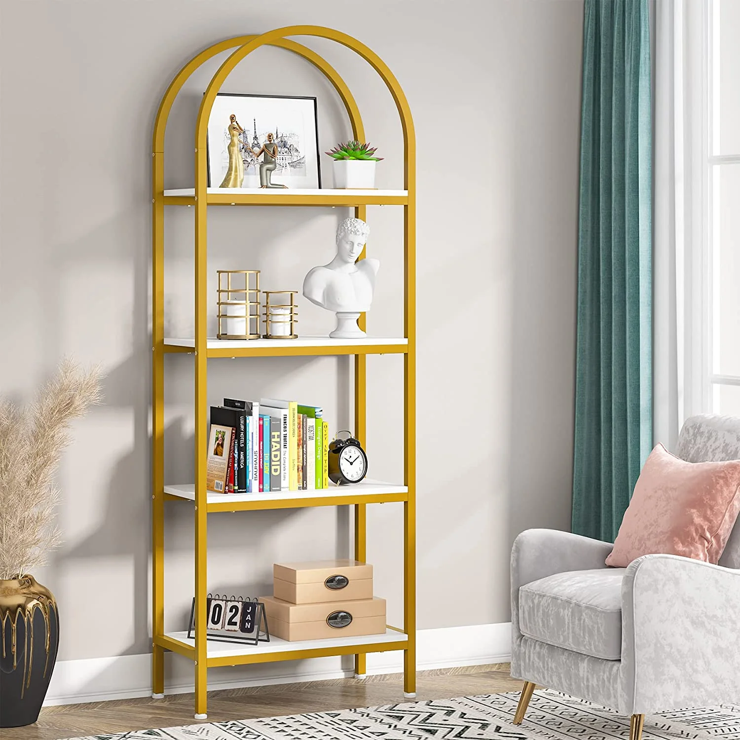4-Tier Open Bookshelf, 70.8" Industrial Arched Bookcase Storage Shelves with Metal Frame, for Office, Bedroom, Living Room